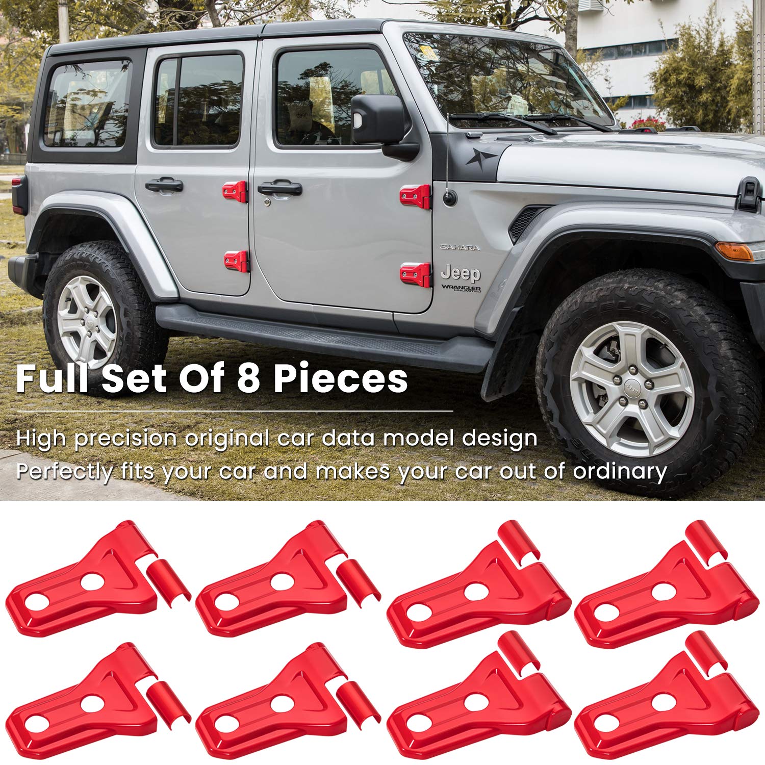 E-cowlboy red hinge trim for Jeep Wrangler JL JLU upgrades appearance and corrosion resistance.