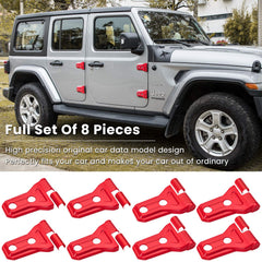 E-cowlboy red hinge trim for Jeep Wrangler JL JLU upgrades appearance and corrosion resistance.
