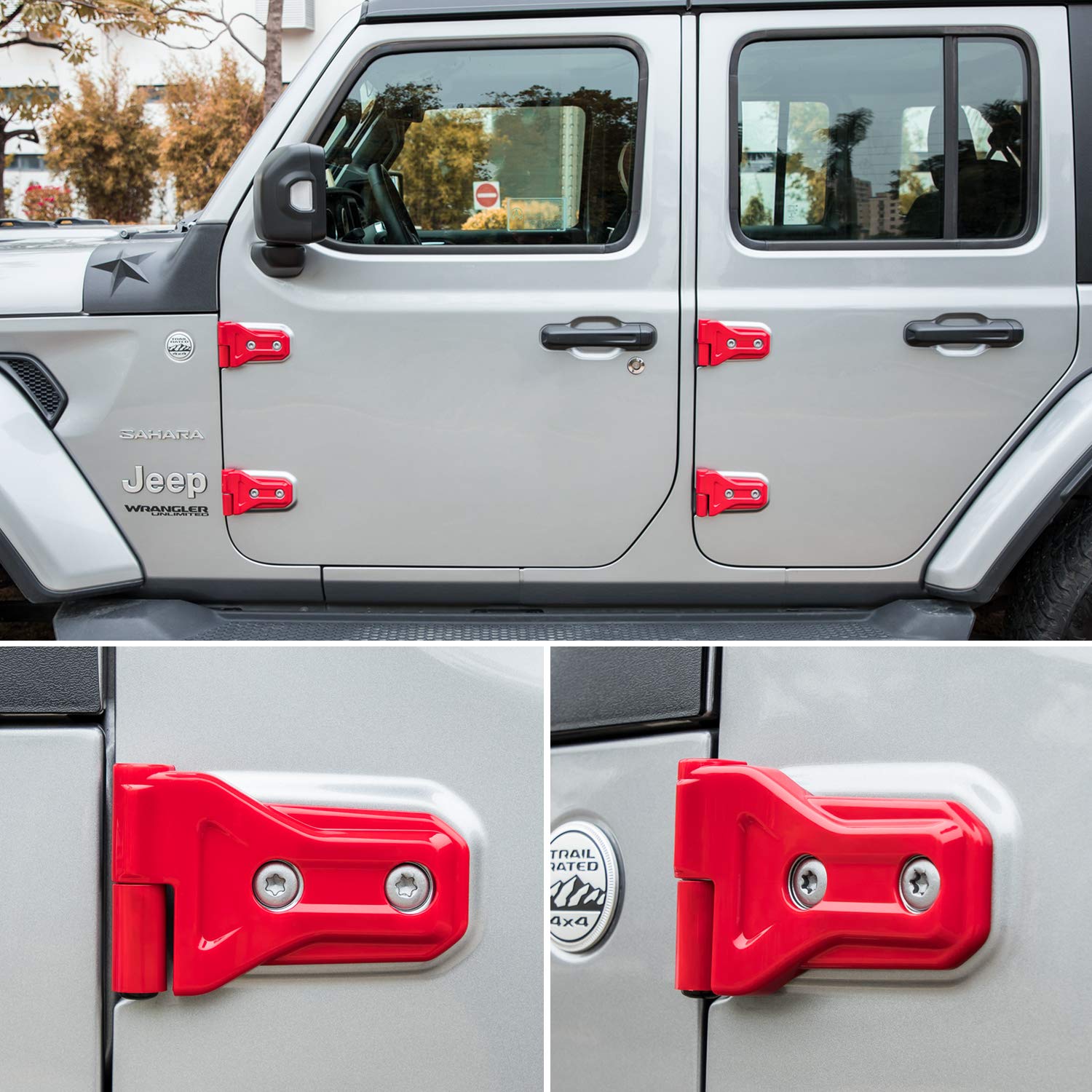 E-cowlboy red hinge cover on Wrangler JL JLU enhances rugged exterior and hides minor scratches.