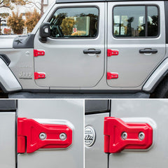 E-cowlboy red hinge cover on Wrangler JL JLU enhances rugged exterior and hides minor scratches.