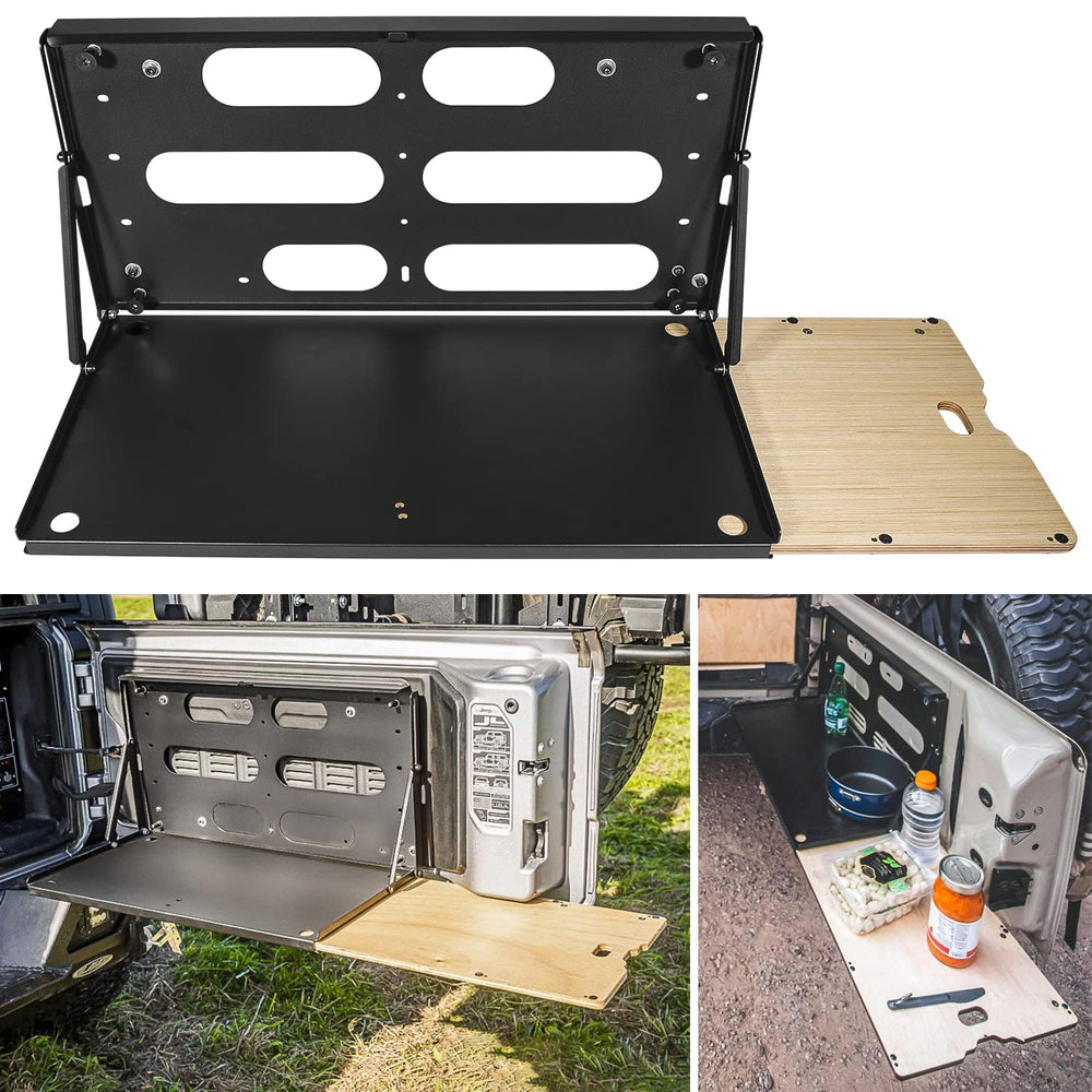 E-cowlboy drop-down table fitted to Jeep Wrangler for secure rear door mounting and ready outdoor use.
