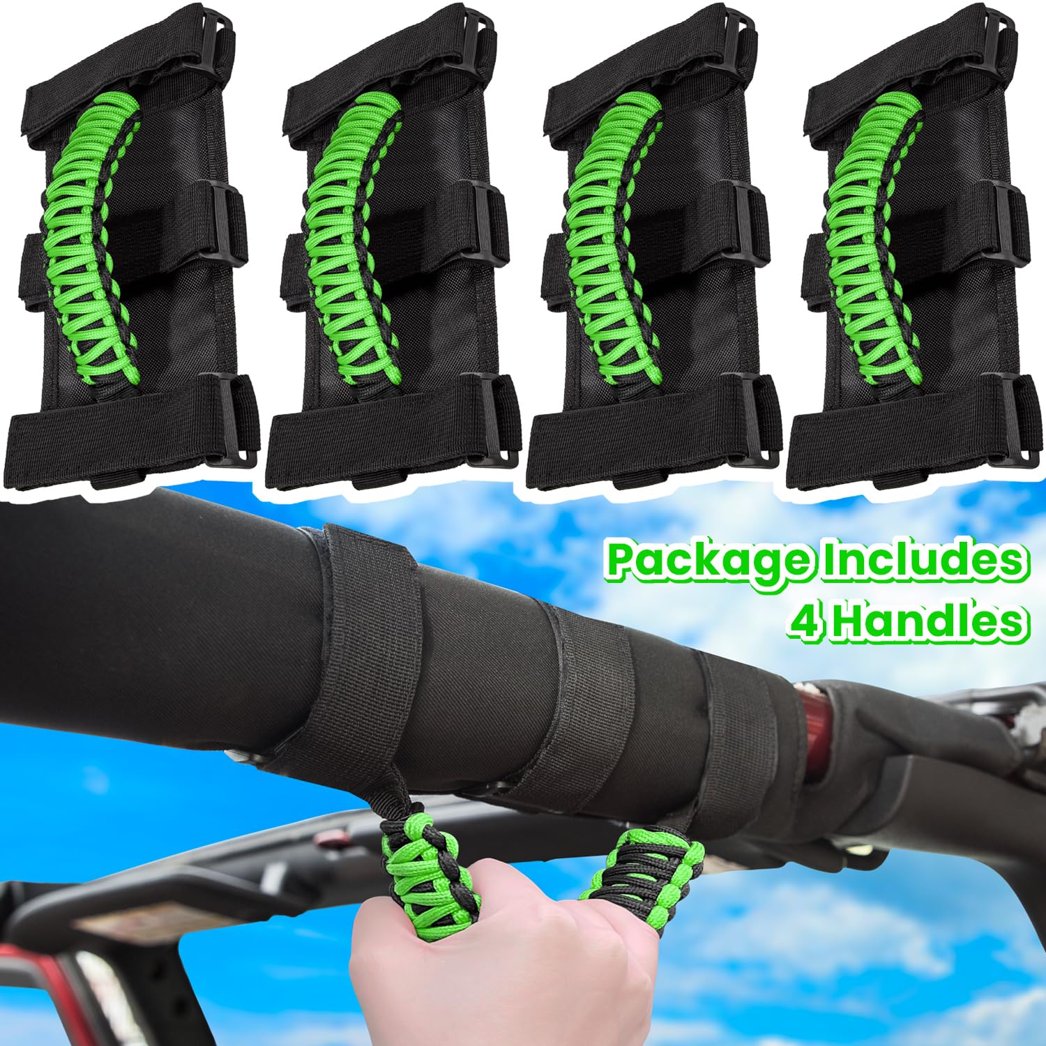Easy install green E-cowlboy grip secure on roll bar without tools