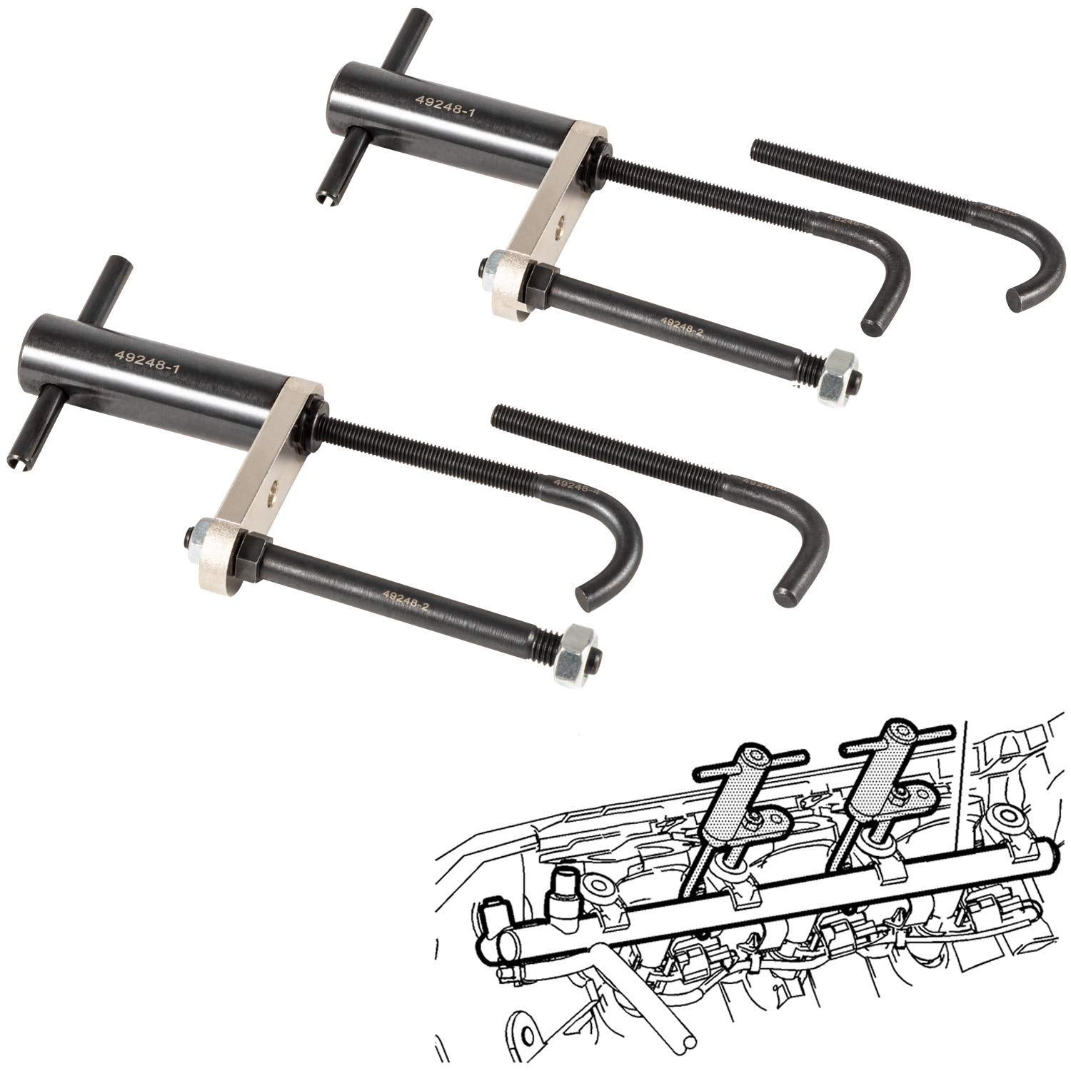 E-cowlboy EN-49248 injector rail remover tool front view for precise rail extraction