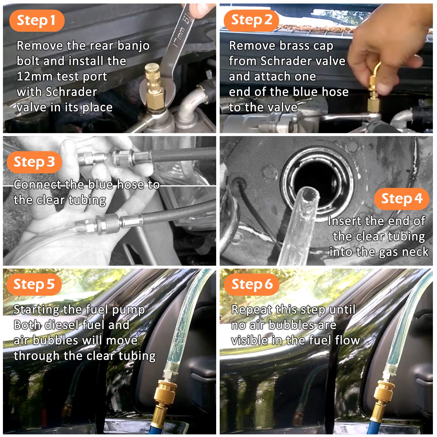 Extended hose with Schrader valve for easy purge access on diesel engines.