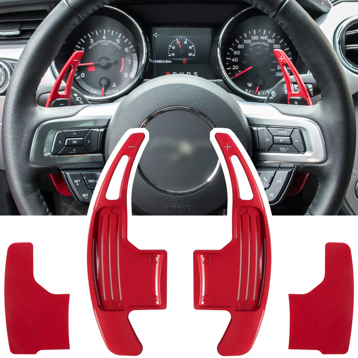 E-cowlboy extended red shifter paddle front view enhances Mustang interior.