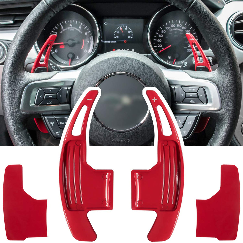 E-cowlboy extended red shifter paddle front view enhances Mustang interior.