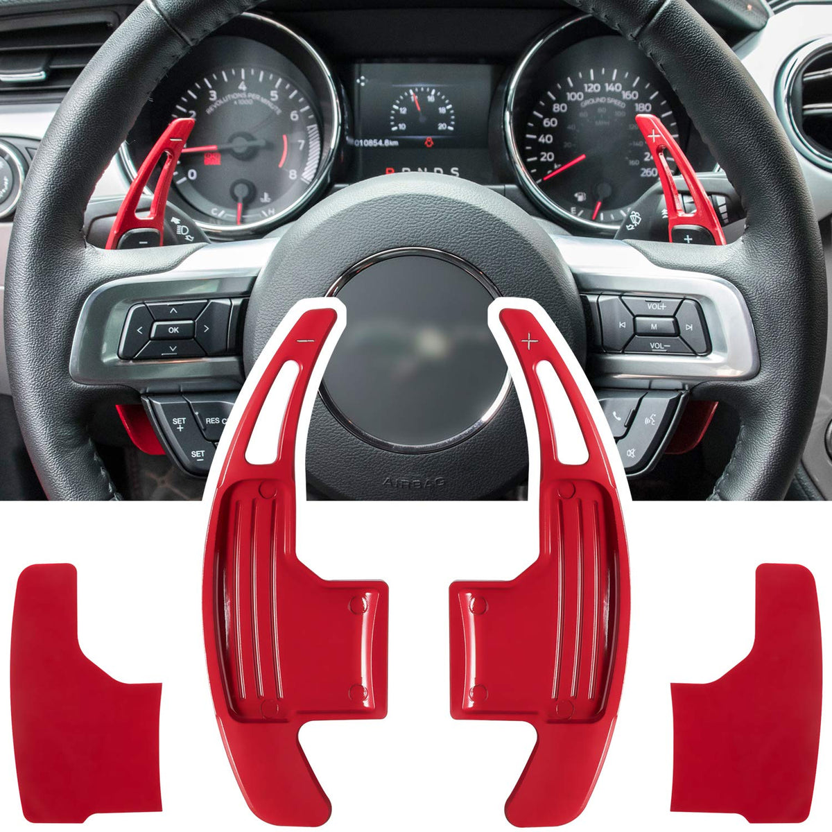 E-cowlboy extended red shifter paddle front view enhances Mustang interior.