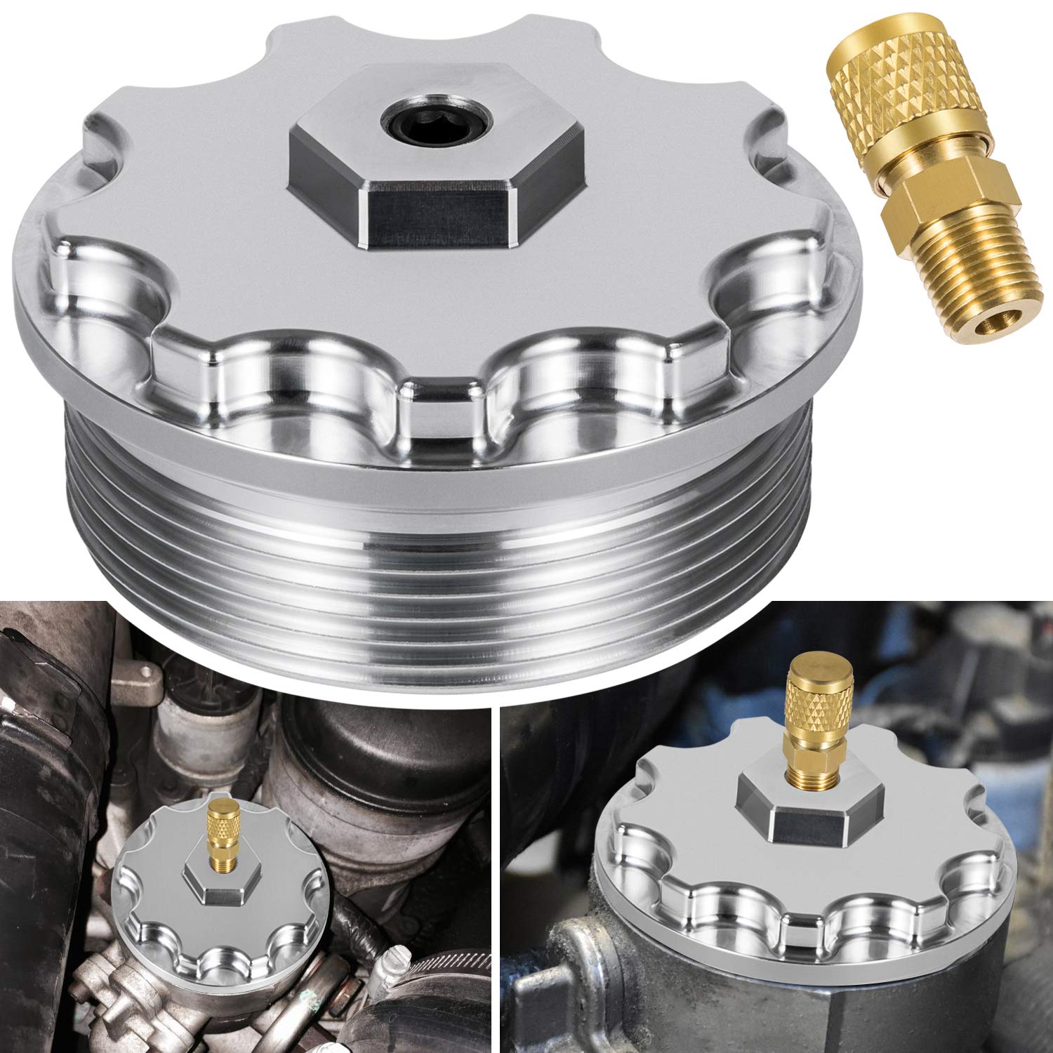 E-cowlboy fuel filter cap for Ford 6.0L Powerstroke; durable billet aluminum.