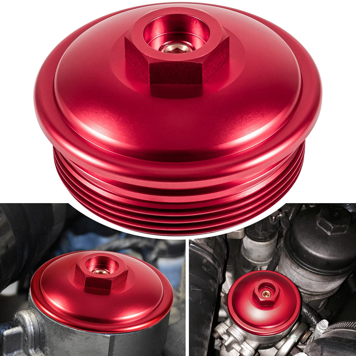 E-cowlboy fuel filter cap on a Ford 6.0L Powerstroke for durable reliability.