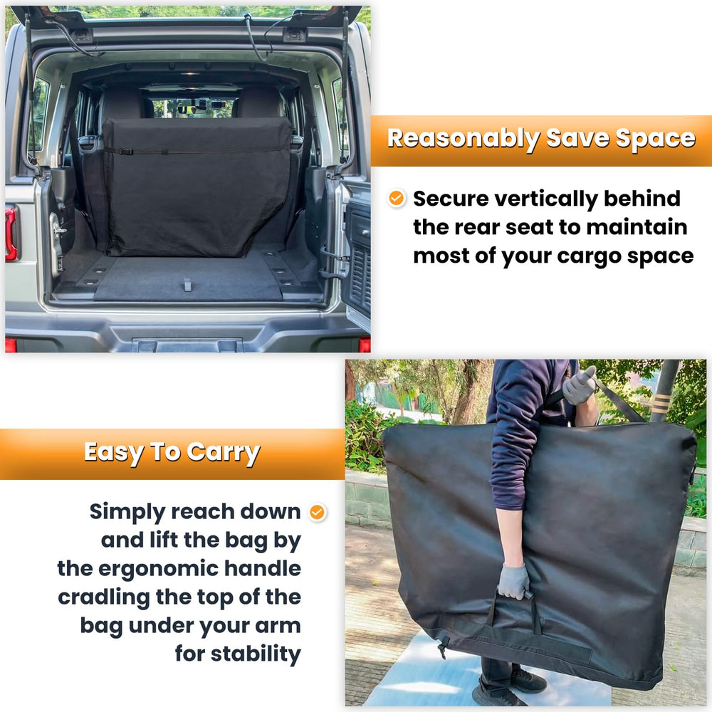 Easy-install strap system securing bag behind Jeep rear seats