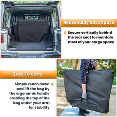 Easy-install strap system securing bag behind Jeep rear seats