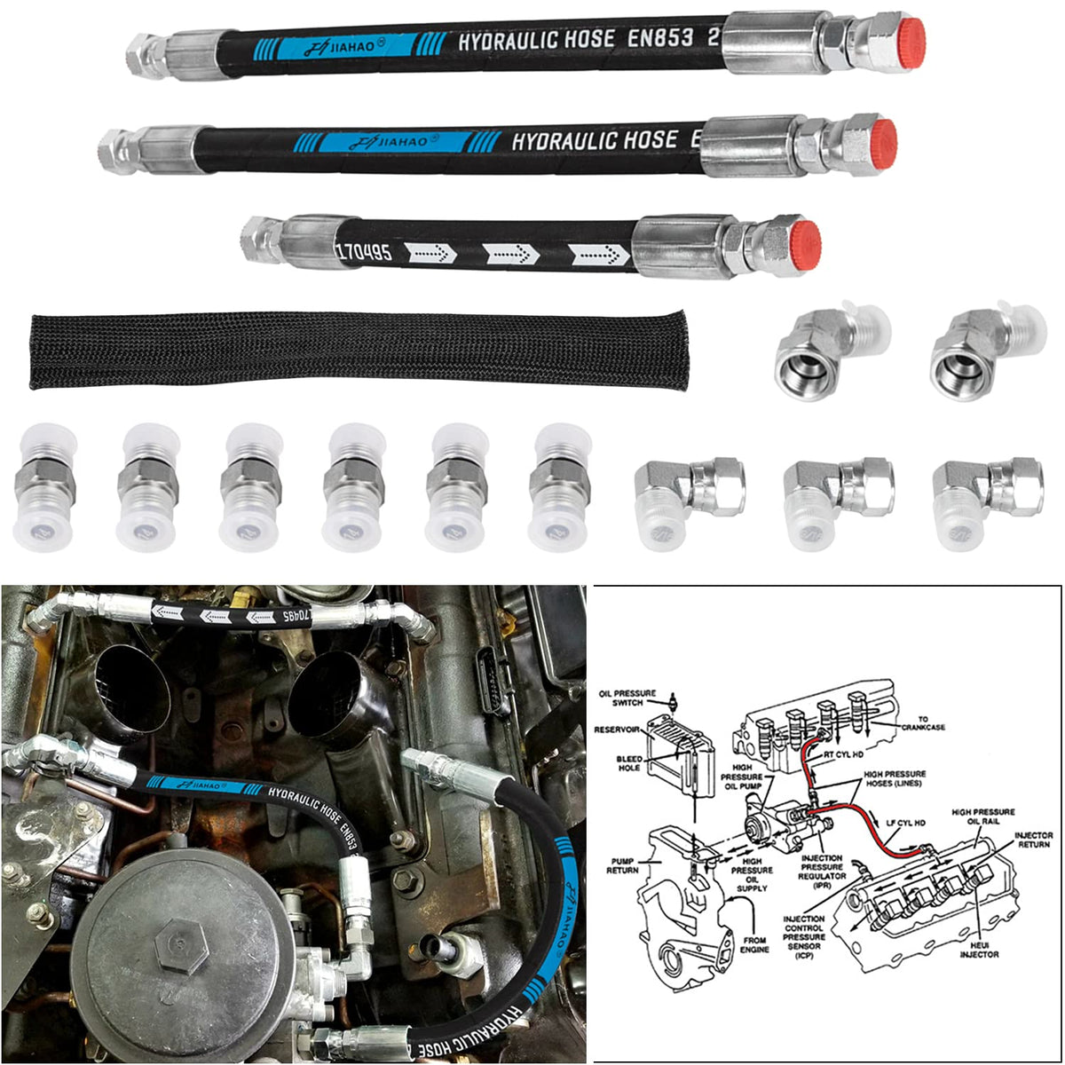 E-cowlboy HPOP hose kit front view for 7.3L Powerstroke showing OEM-style fit