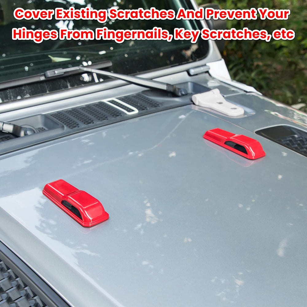 No-drill adhesive hinge cover applied to Jeep hinge area, red trim