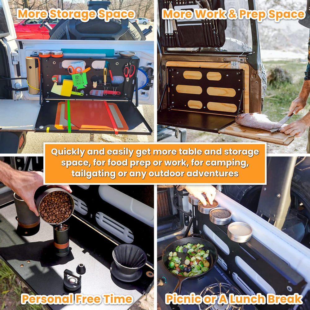 E-cowlboy solid steel construction with wooden extension tray for sturdy camping surface.