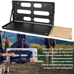 E-cowlboy tailgate table shown with two-way opening for left or right door setups.