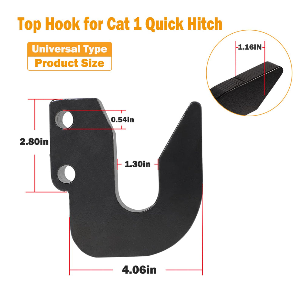 E-cowlboy Cat 1 hitch hook in black powder coating resists rust.
