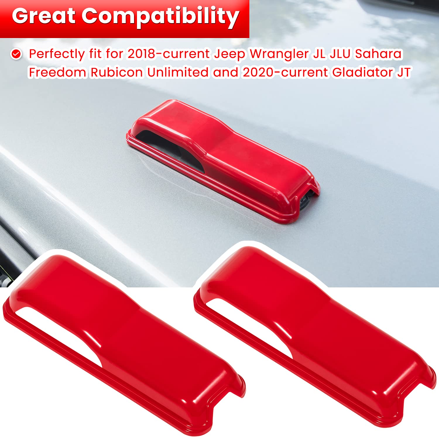 Close-up of E-cowlboy red hinge cover on Wrangler JL/JLU for bold exterior upgrade