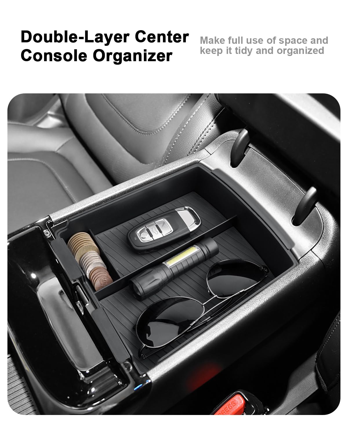 Ecozen anti-slip mats keep items secure and quiet inside the console.