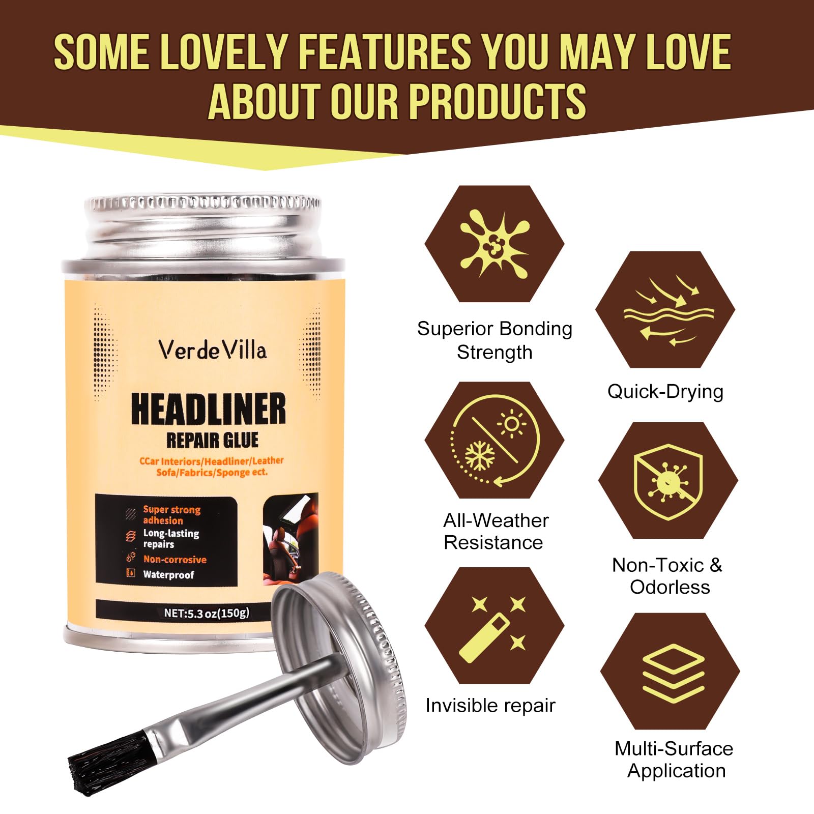 Ecuywe headliner glue bonds fabric leather and plastic for durable interior repairs.