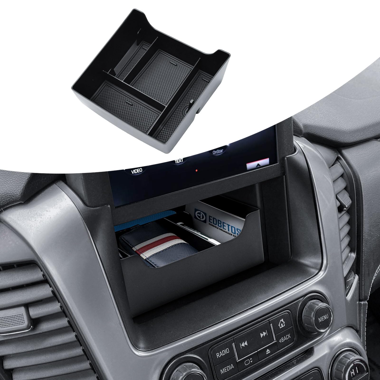 EDBETOS console organizer tray for Yukon with lift-screen keeps essentials within reach.