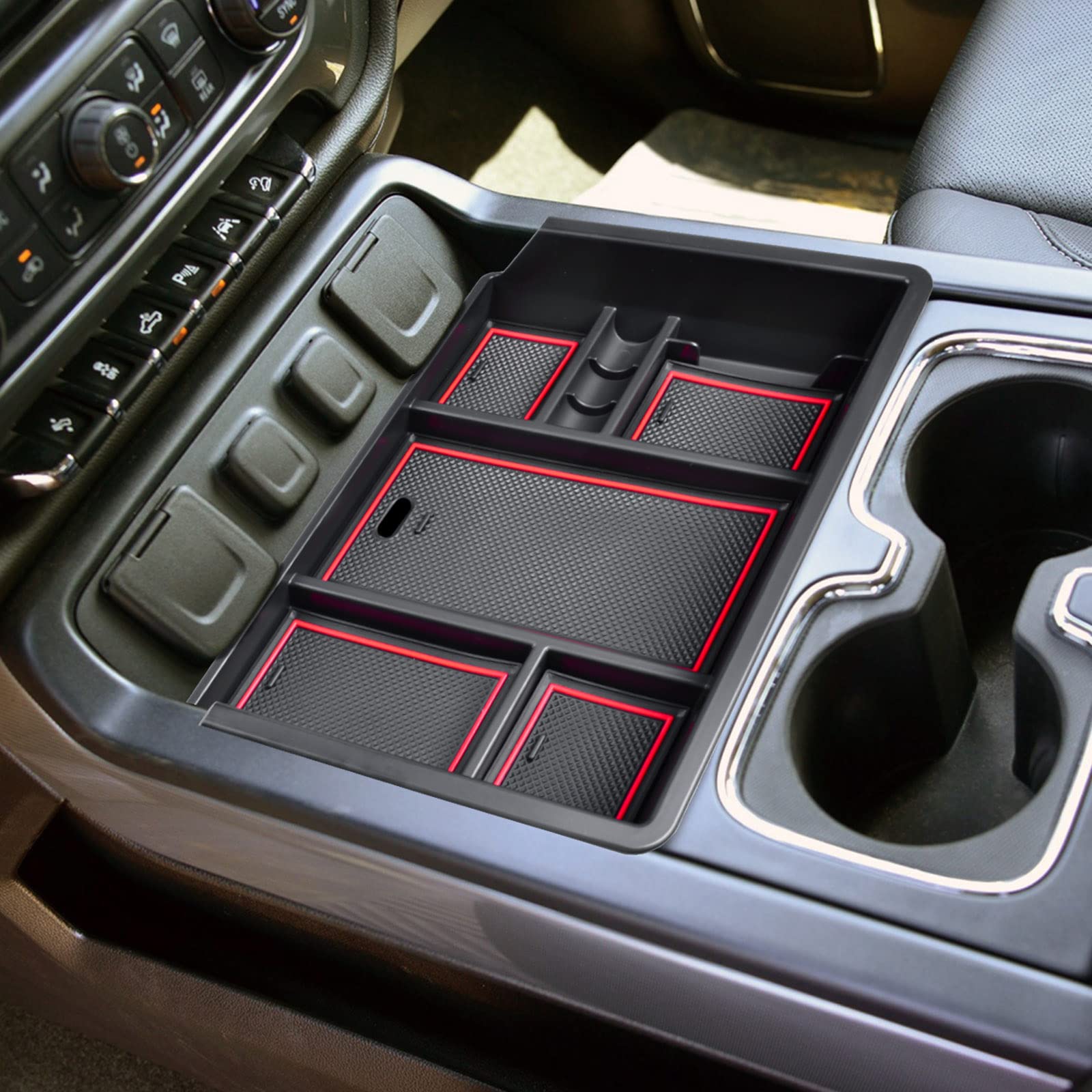 EDBETOS console organizer upper layer tray keeps phone and keys accessible.