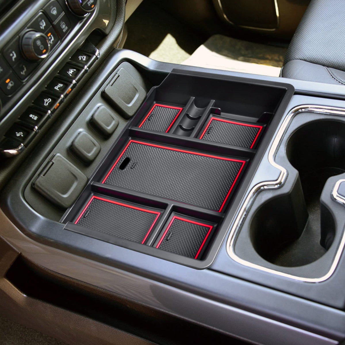 EDBETOS console organizer upper layer tray keeps phone and keys accessible.
