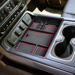 EDBETOS console organizer upper layer tray keeps phone and keys accessible.