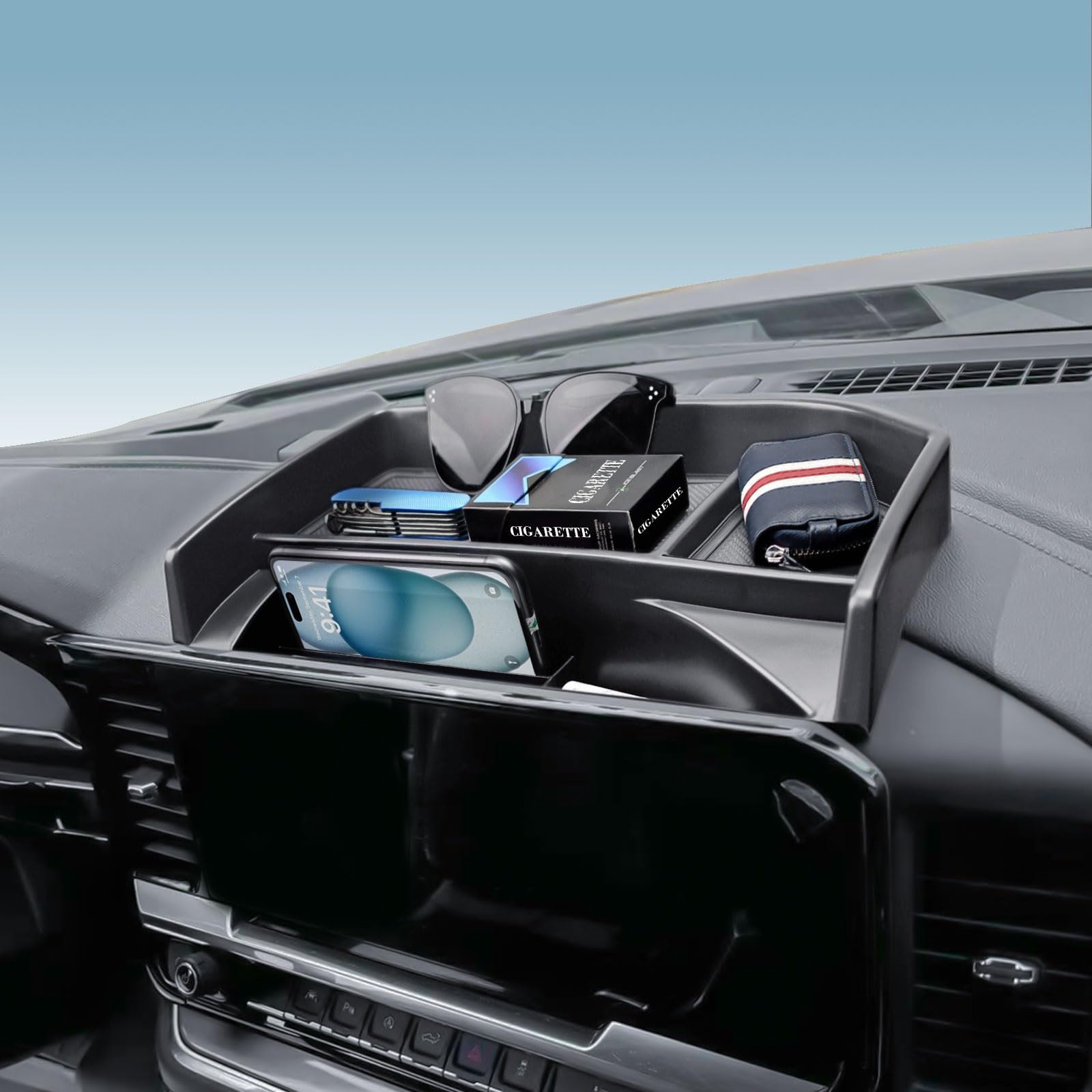 EDBETOS dashboard organizer tray behind-screen securely fits the 13.4-inch display for Silverado and Sierra