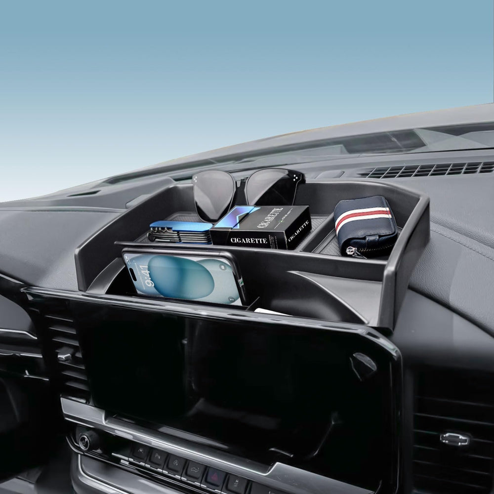 EDBETOS dashboard organizer tray behind-screen securely fits the 13.4-inch display for Silverado and Sierra