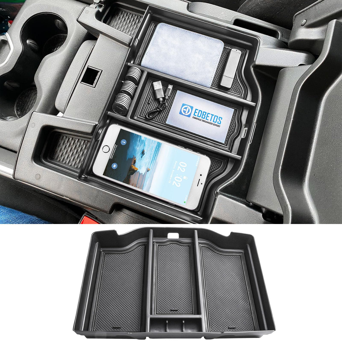 EDBETOS Dodge RAM center console tray full keeps essentials within easy reach.