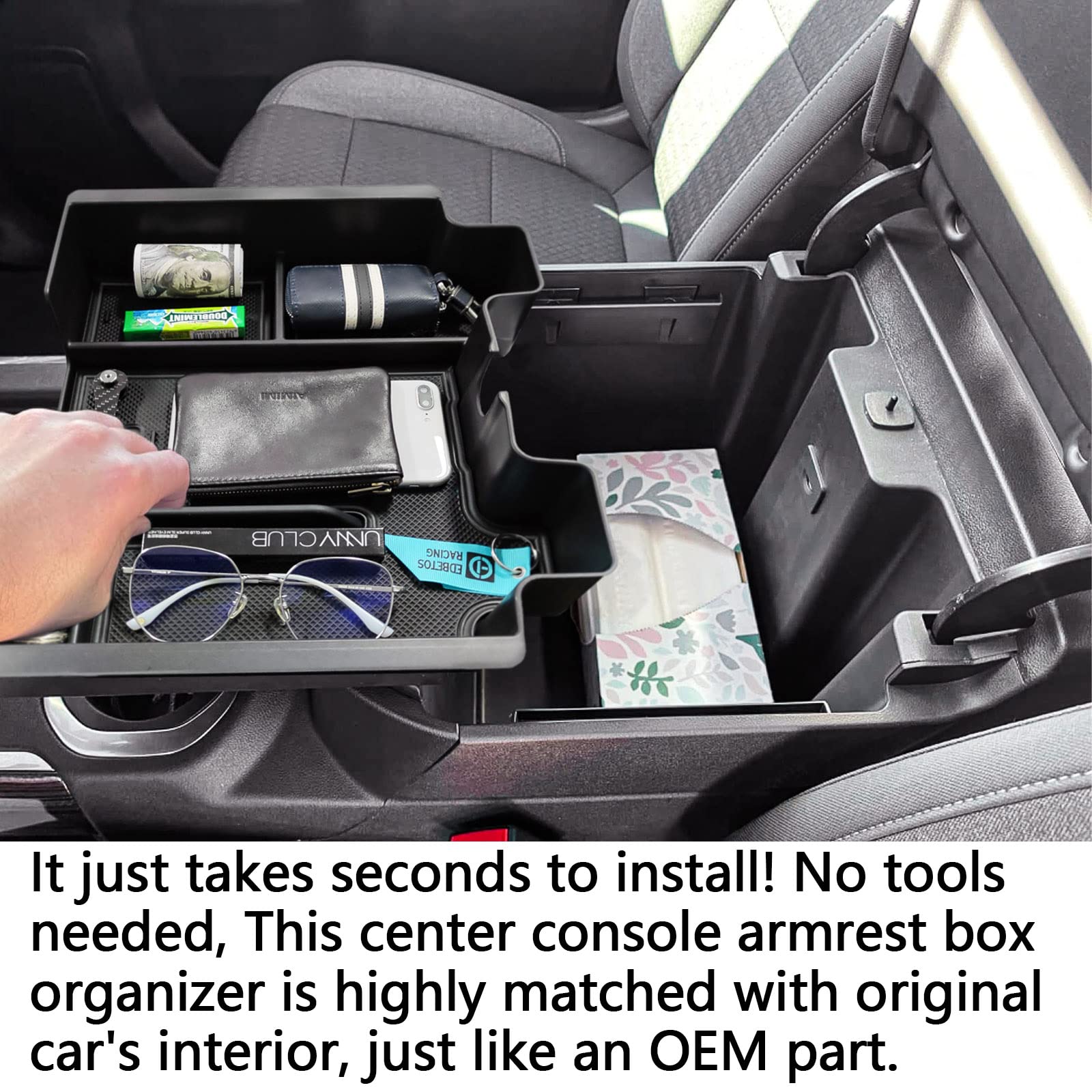 EDBETOS easy-install fitment showing snug truck console attachment