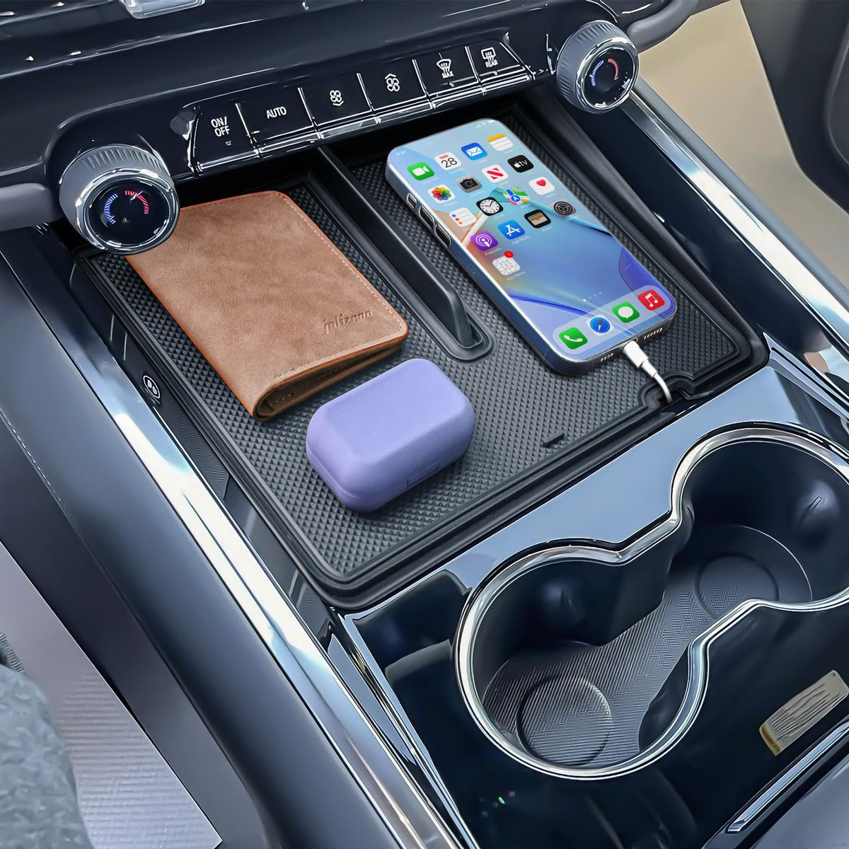 EDBETOS front center console organizer tray for Suburban and Tahoe keeps essentials organized.
