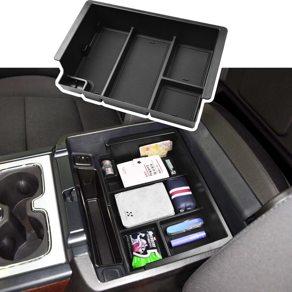 EDBETOS full console organizer tray installed in Silverado and Sierra interiors.