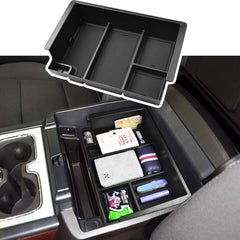EDBETOS full console organizer tray installed in Silverado and Sierra interiors.