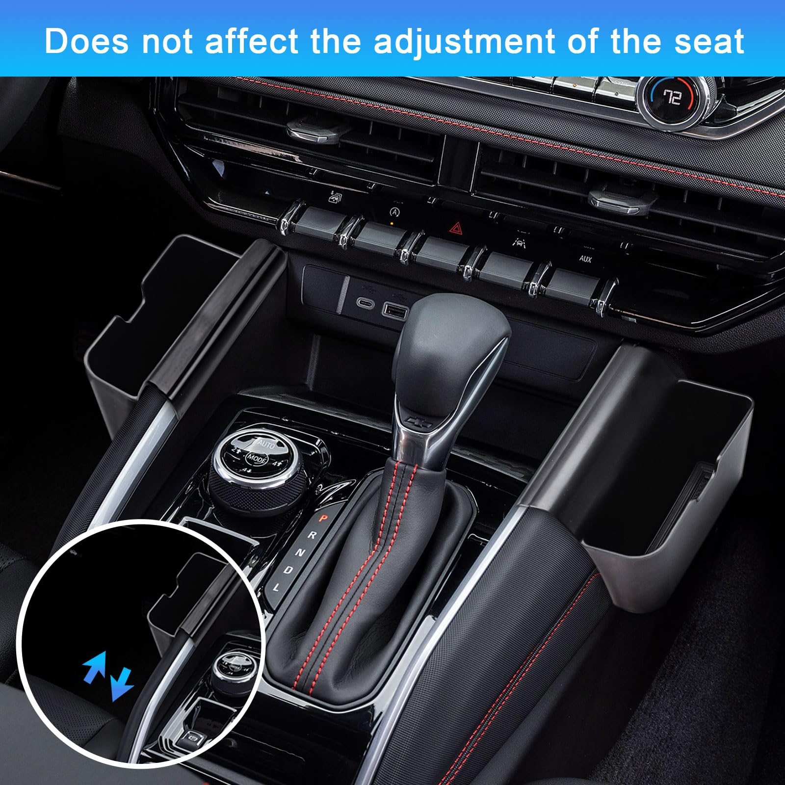 EDBETOS gear shift organizer close-up shows compact storage for coins, lip balm, and pens.