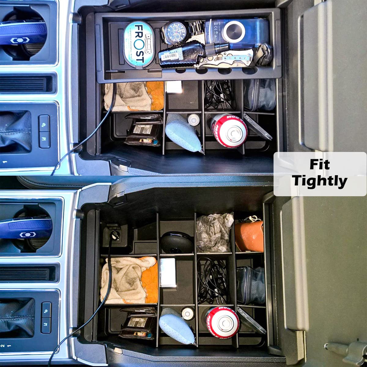 EDBETOS interlocking dividers inside the center console prevent clutter and rattling.