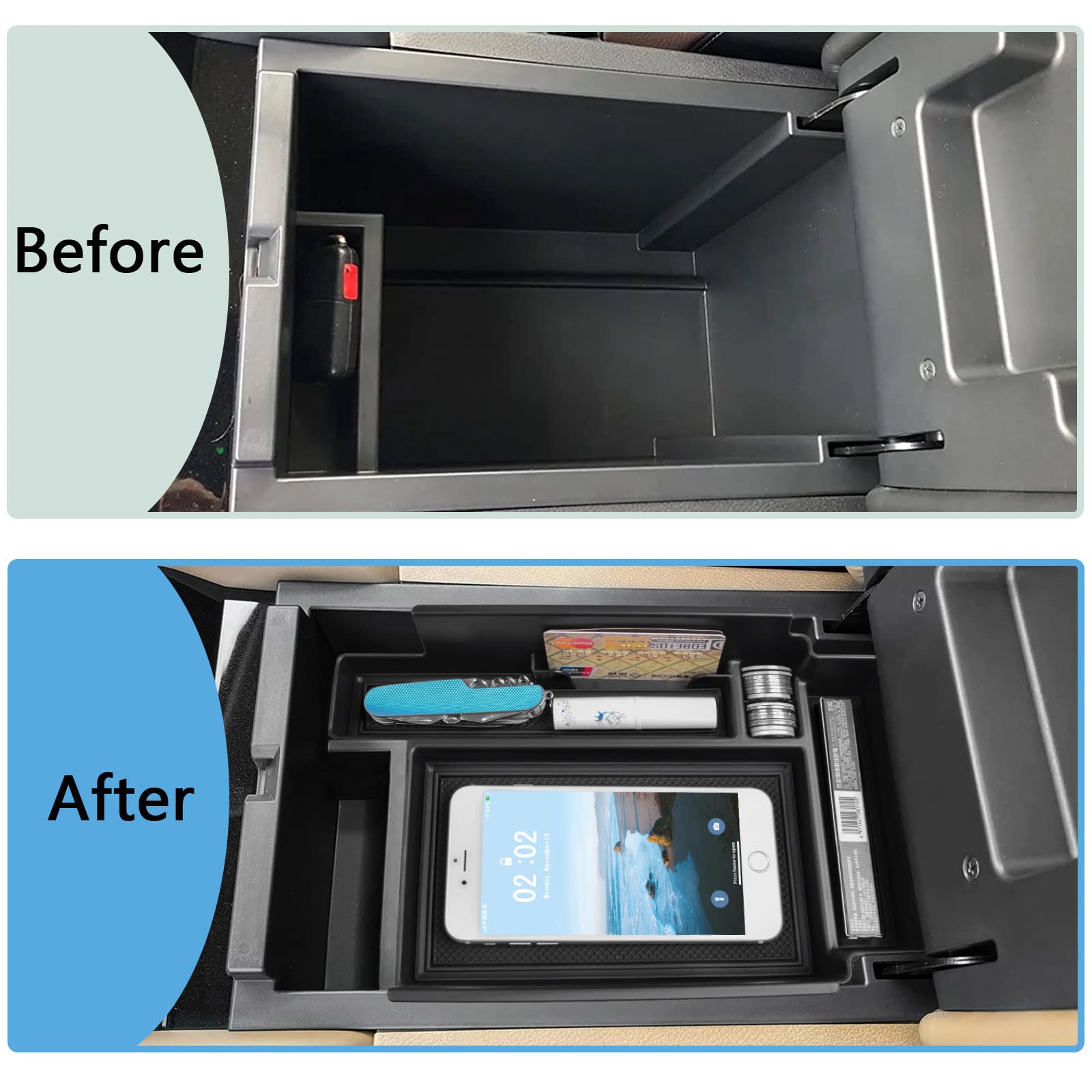 EDBETOS Pathfinder center console tray installed in vehicle