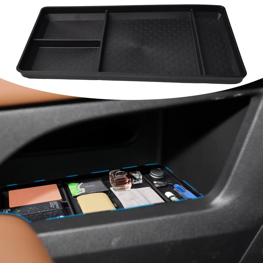 EDBETOS Pathfinder lower console organizer tray front view showing organized storage.