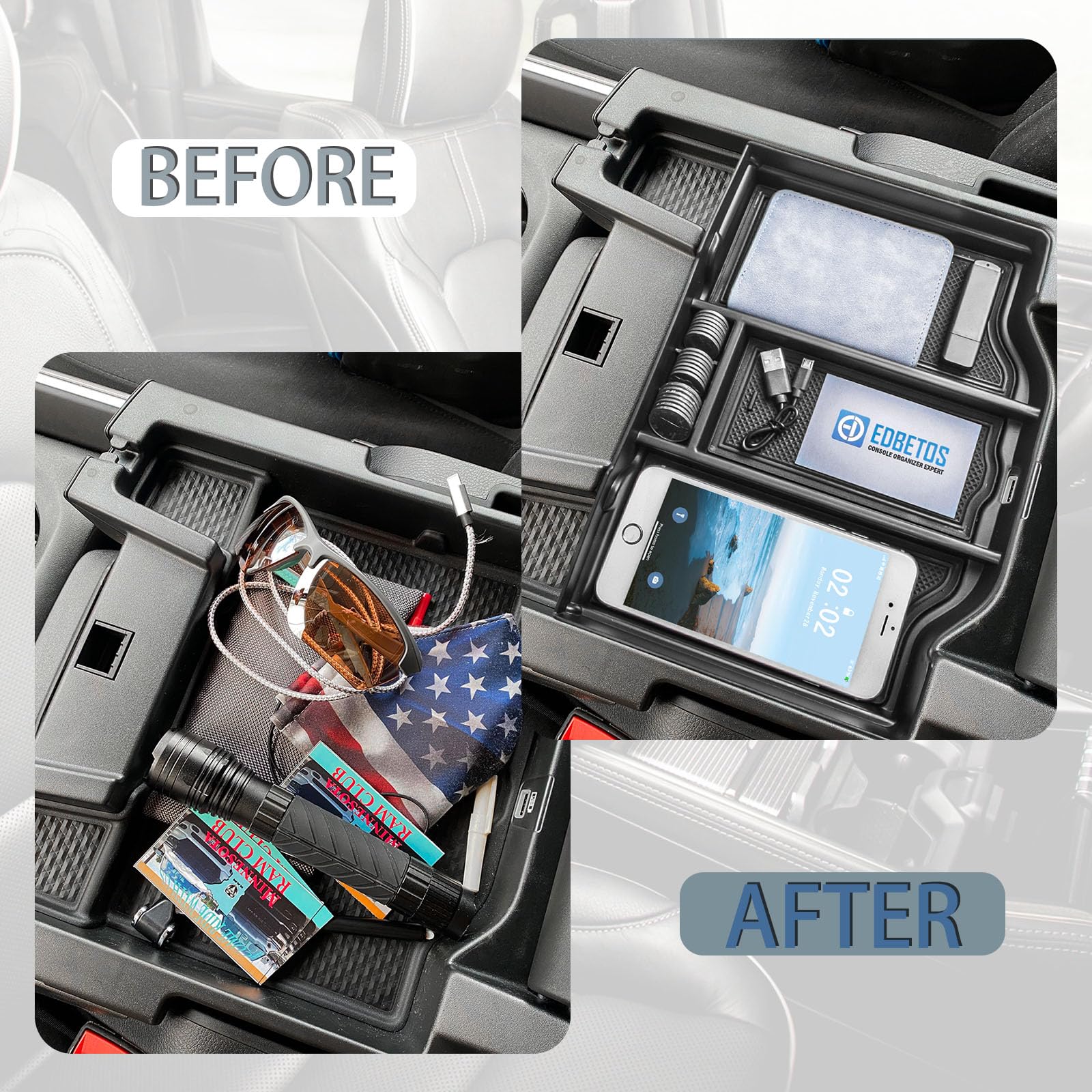 EDBETOS RAM quad crew mega center tray expands storage space.