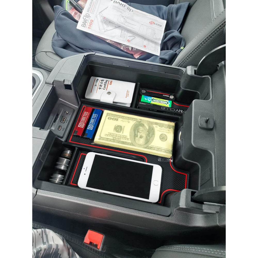 EDBETOS red full-console tray adds practical organization to cabin.
