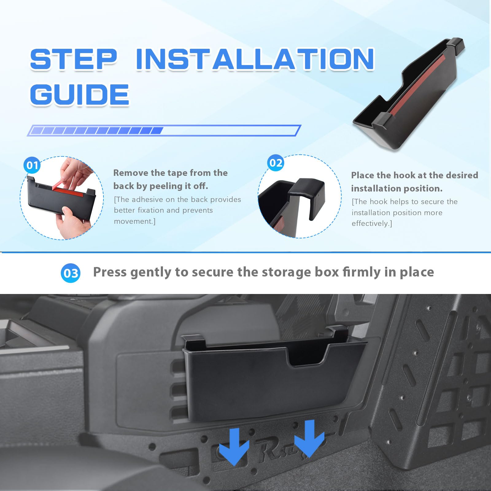 Adhesive backing and hooks securing the Tacoma console tray