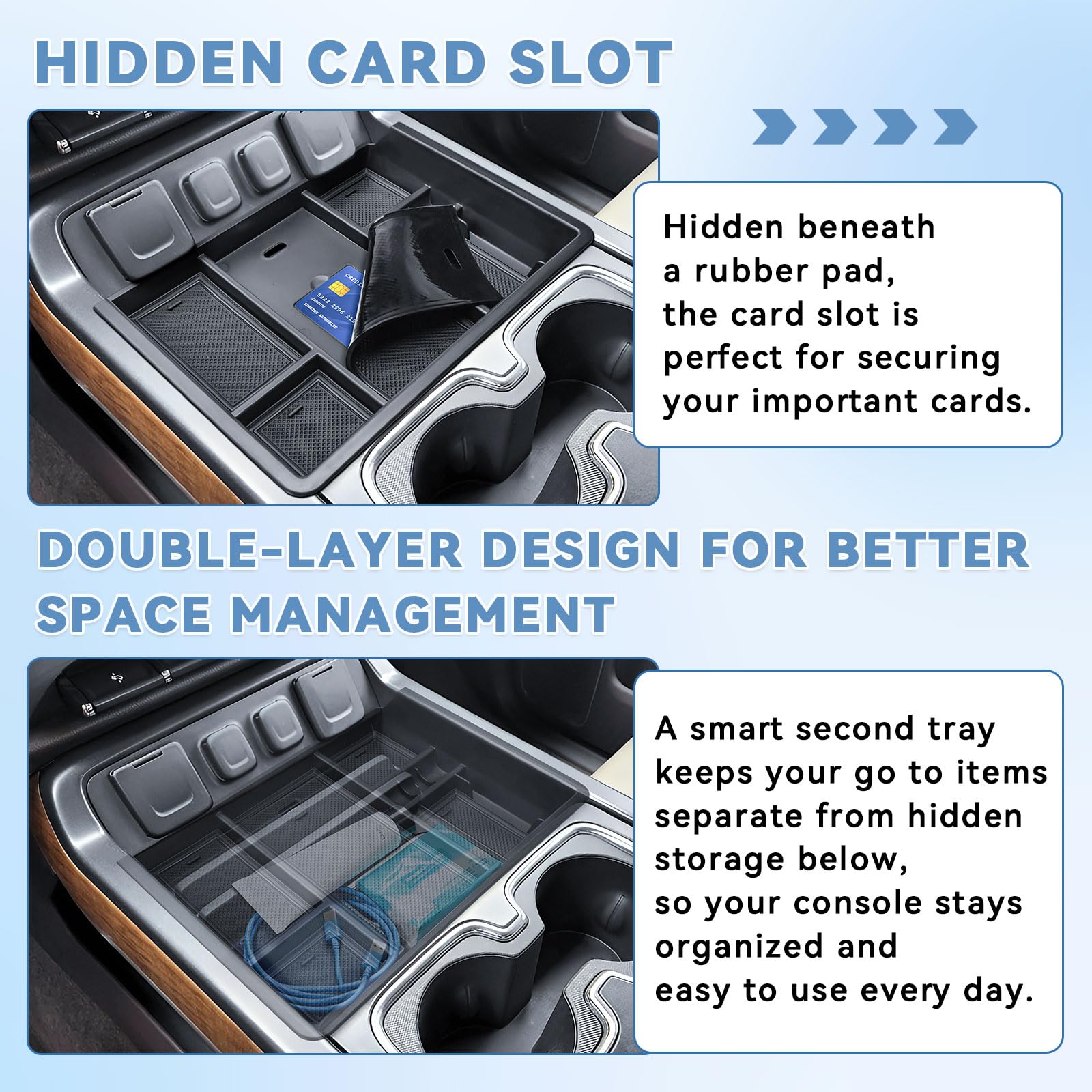 EDBETOS upper compartment keeps essentials within reach during drives.