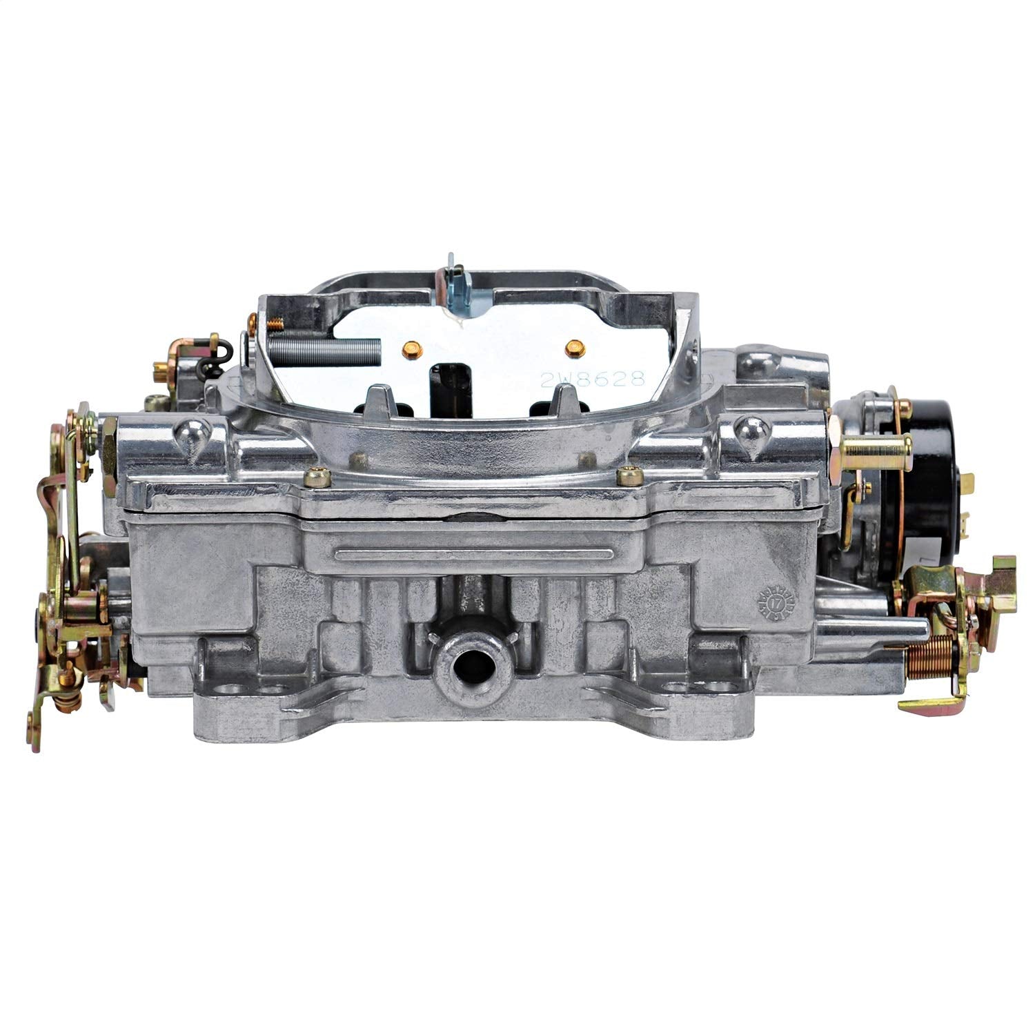 Edelbrock AVS2 1906 top view highlighting satin finish and four-barrel layout for street use