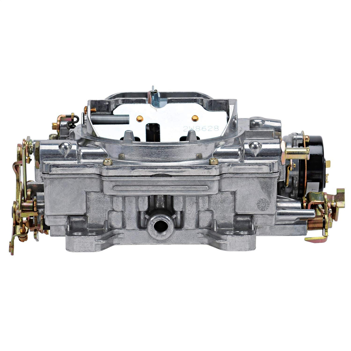 Edelbrock AVS2 1906 top view highlighting satin finish and four-barrel layout for street use