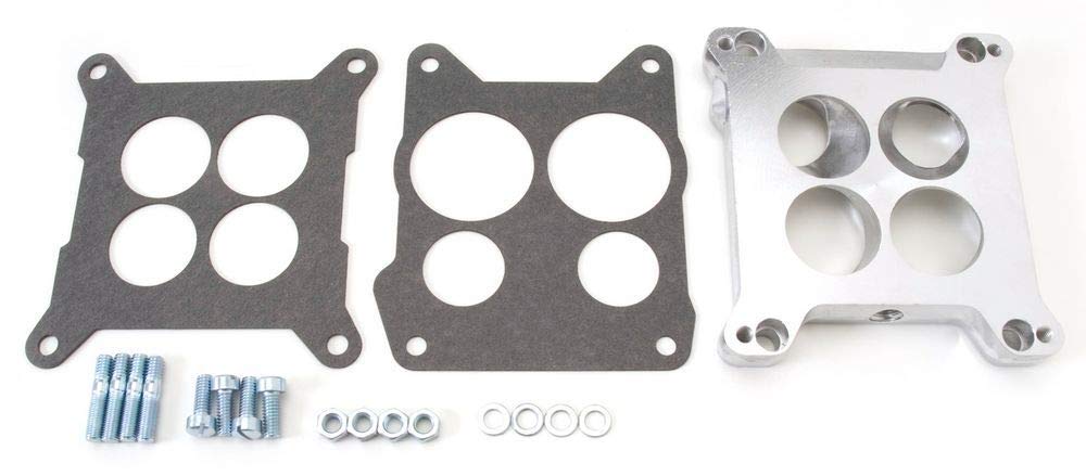 Edelbrock 2696 adapter enabling square-bore to spread-bore carburetor installation on common manifolds