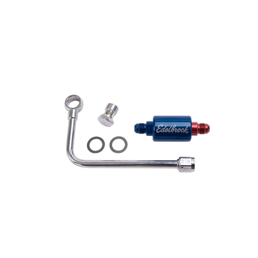 Edelbrock 8134 chrome fuel line kit shows right-side routing for tidy carburetor plumbing