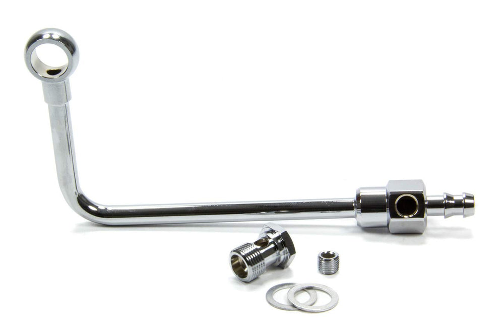 Edelbrock chrome fuel line for square-bore carburetors with a polished steel finish