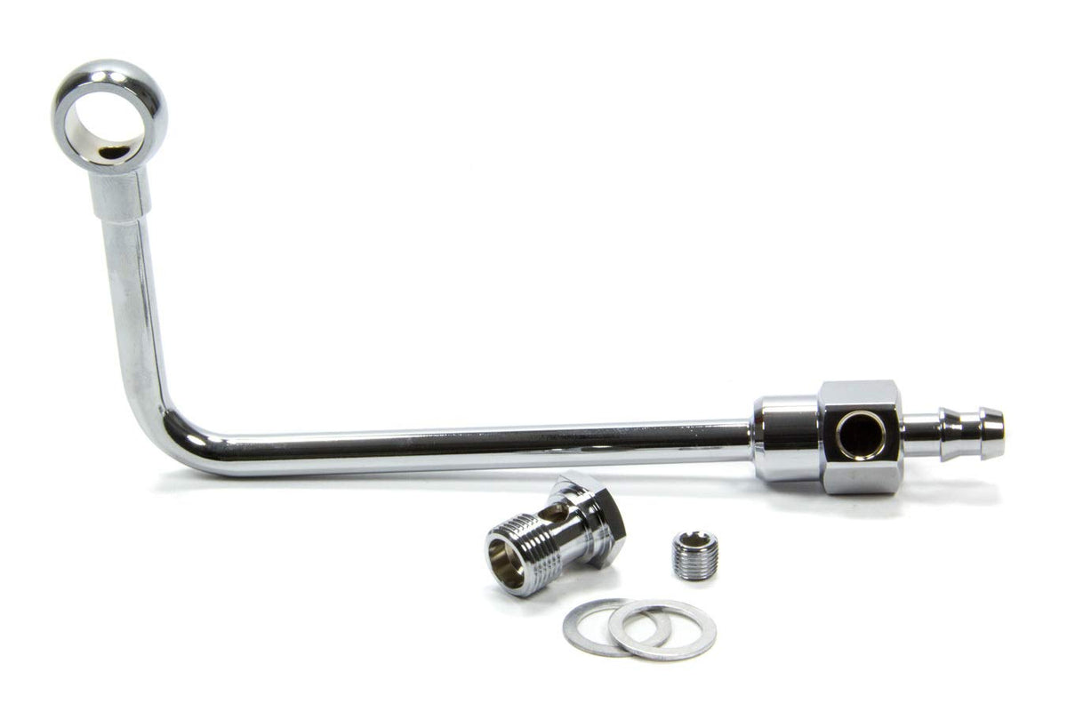 Edelbrock chrome fuel line for square-bore carburetors with a polished steel finish