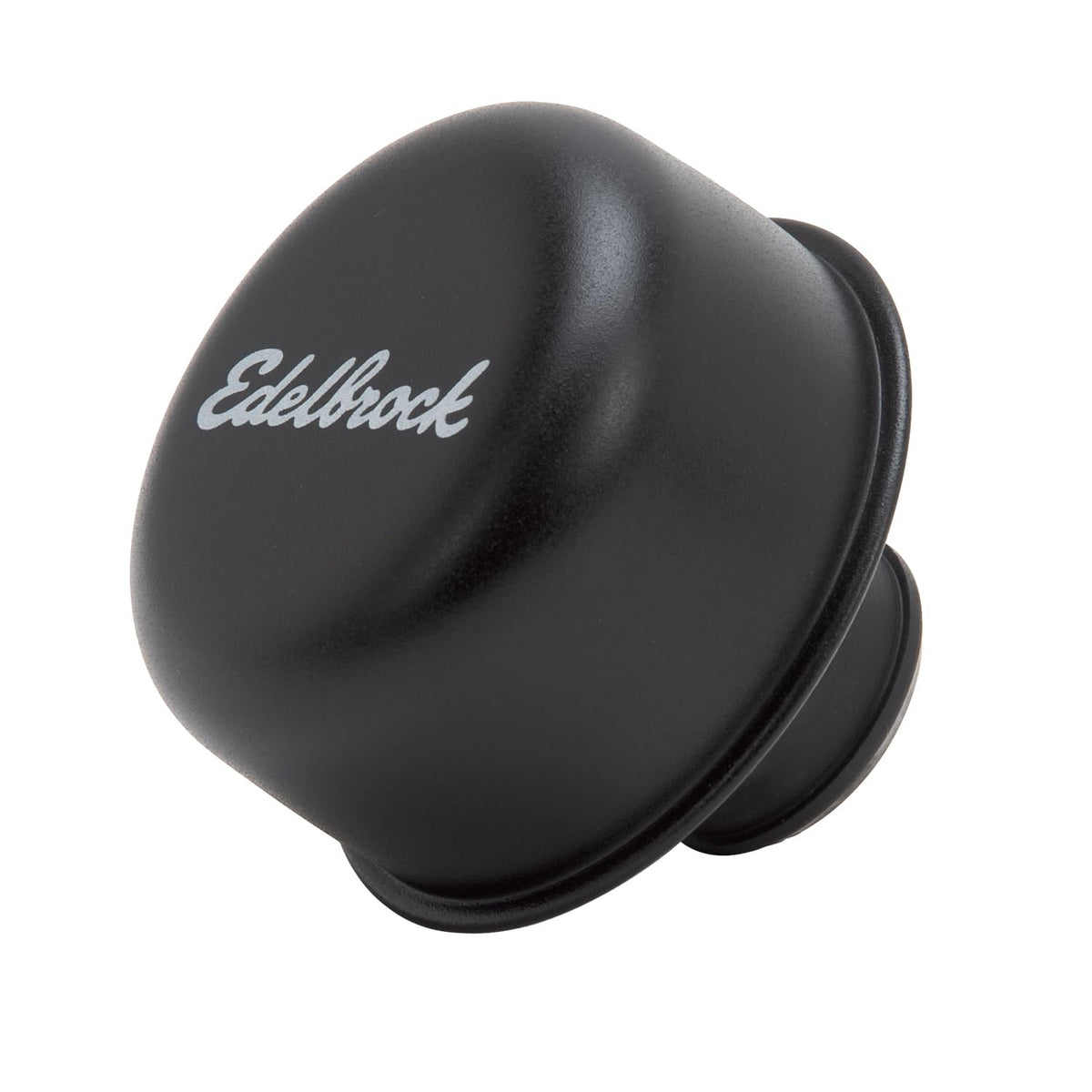 Edelbrock EDL4403 Pro-Flo black round breather, top view, blends with black valve covers for a cohesive engine look
