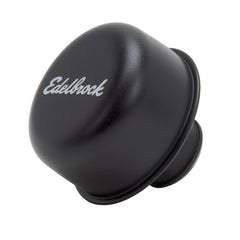 Edelbrock EDL4403 Pro-Flo black round breather, top view, blends with black valve covers for a cohesive engine look
